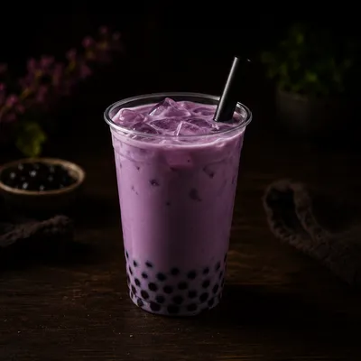 Iced taro bubble tea in a clear cup — creamy lavender-purple taro milk over black tapioca pearls, on a dark wood table