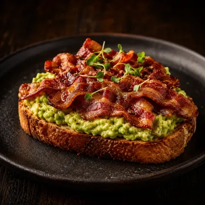 Bacon avocado toast — crispy bacon over smashed avocado on toasted sourdough, topped with microgreens, on a dark plate