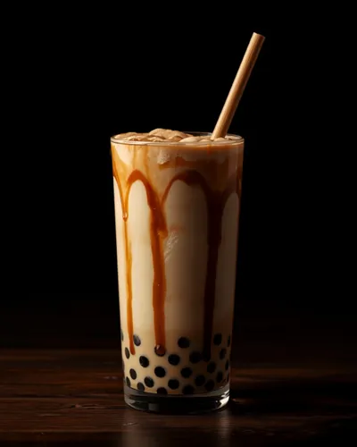 Iced brown sugar bubble tea in a tall glass — brown sugar syrup drizzled over milk tea and black tapioca pearls, with a bamboo straw