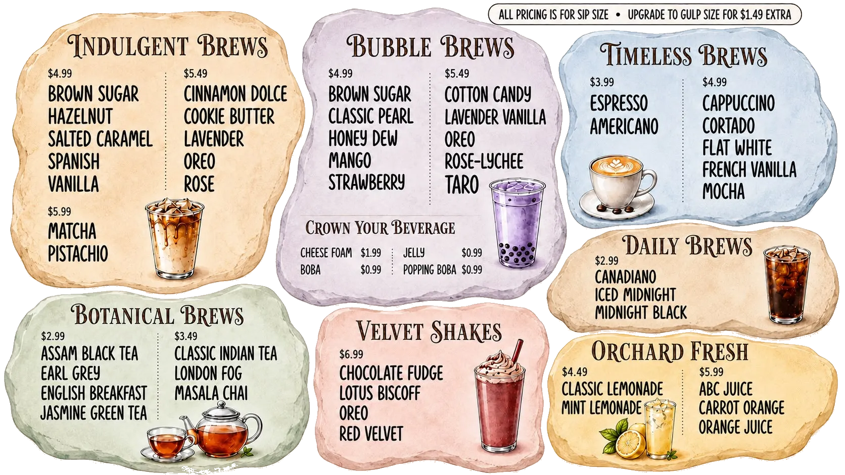 Sip Society drinks menu — Indulgent Brews, Bubble Brews, Timeless Brews, Botanical Brews, Velvet Shakes, Daily Brews, and Orchard Fresh juices, each on its own hand-torn paper plate. All pricing is for Sip size; upgrade to Gulp size for $1.49 extra.