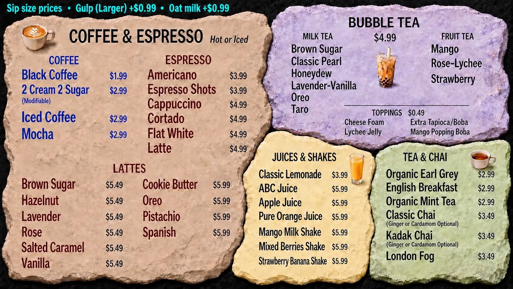 Sip Society drinks menu — Coffee & Espresso (drip coffee, espresso drinks, and flavored lattes), Bubble Tea, Juices & Shakes, and Tea & Chai, each on its own hand-torn stone plate. All pricing is for Sip size; Gulp (Larger) +$0.99; oat milk +$0.99.