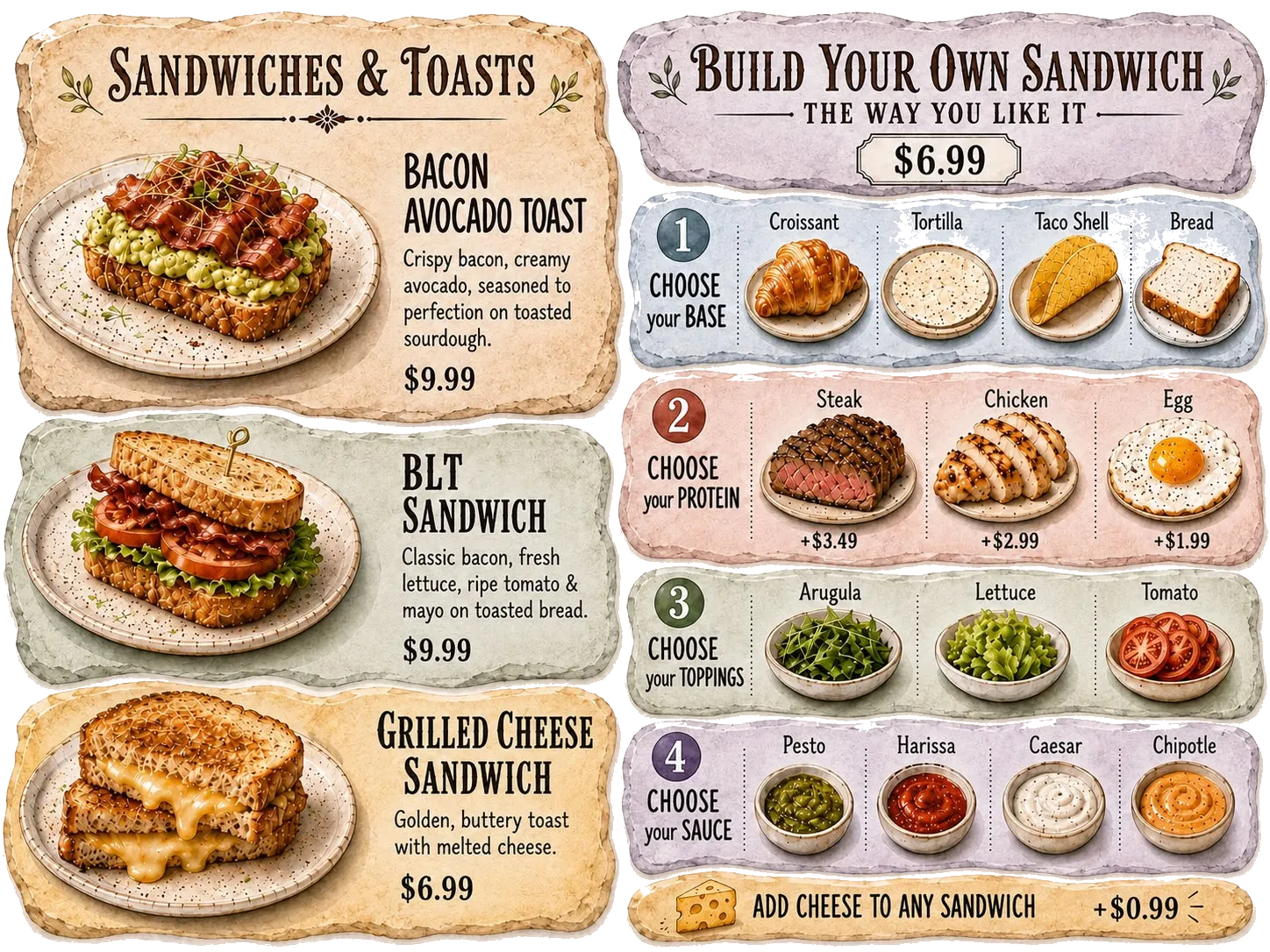 Sip Society food menu — Sandwiches & Toasts (Bacon Avocado Toast $9.99, BLT Sandwich $9.99, Grilled Cheese Sandwich $6.99) and the Build Your Own Sandwich builder ($6.99): choose your base, protein, toppings, and sauce; add cheese for $0.99.