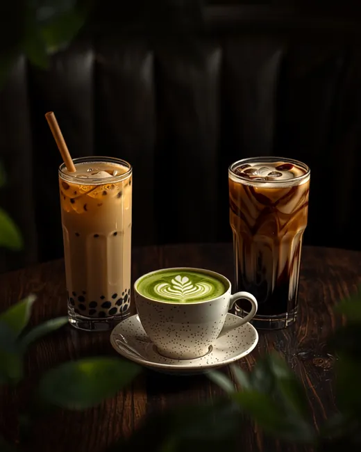 A trio of Sip Society drinks — brown sugar bubble milk tea, a matcha latte with leaf-pattern foam art, and iced coffee — arranged on a dark wood café table