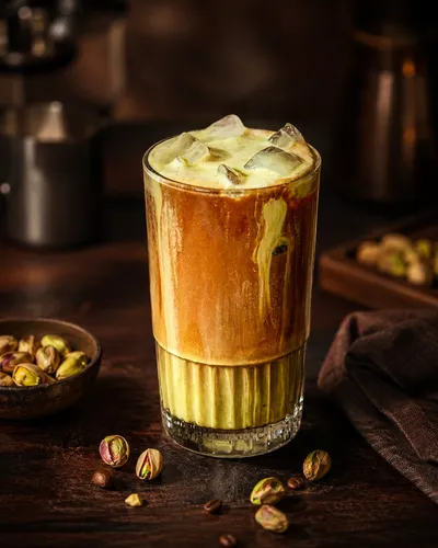 Iced pistachio latte in a tall glass — espresso poured over pistachio milk and ice, with shelled pistachios in a bowl and pistachios and coffee beans scattered on a dark wood table