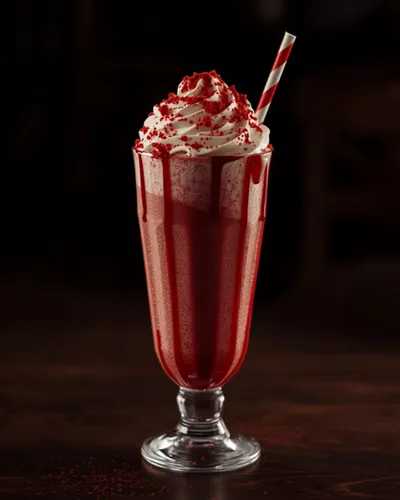 Red velvet milkshake topped with whipped cream and crumbs, served in a tall footed glass with a striped straw